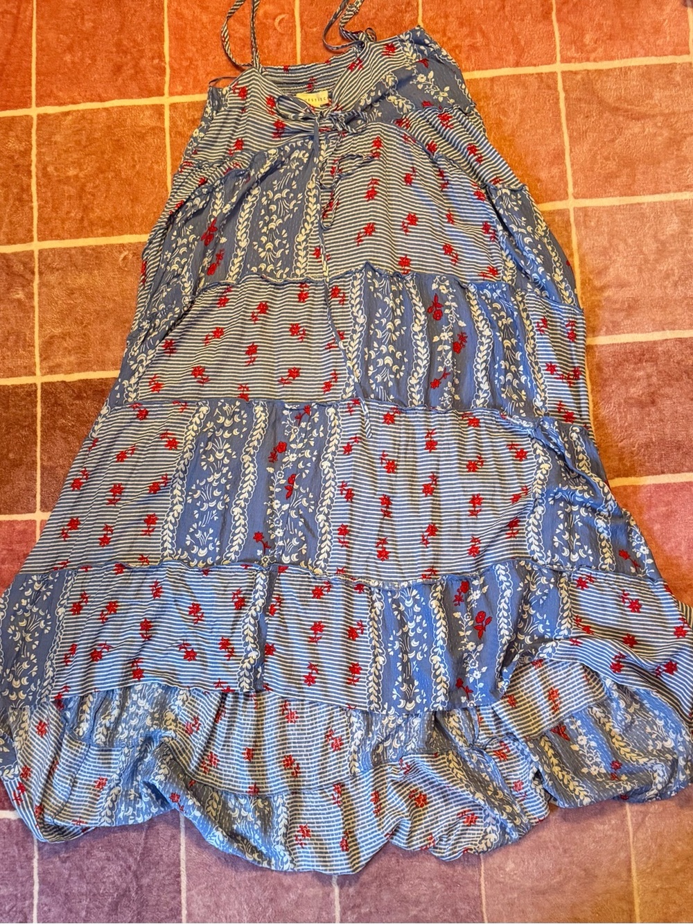 lovestitch Blue Patchwork High-Low Tiered Dress with Red Floral Accents